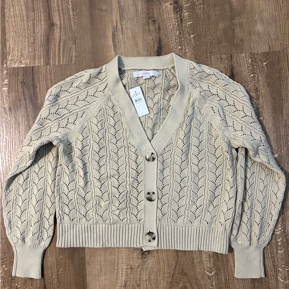 LOFT Natural Jute Pointelle V-Neck Cardigan- 100% Cotton - Picture 4 of 6